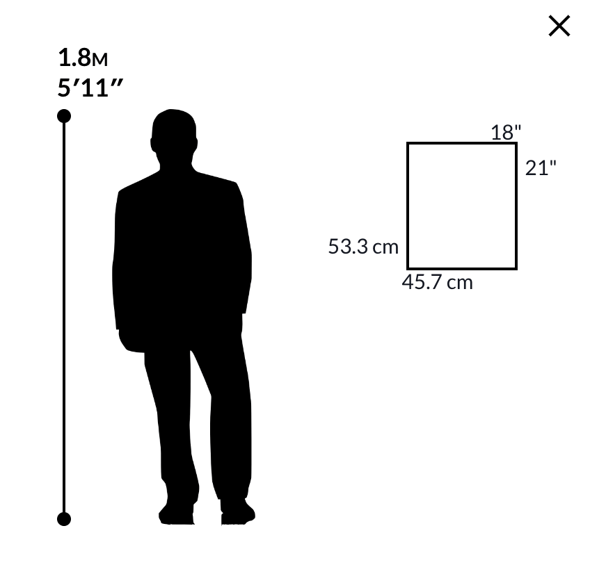 Silhouette with height comparison next to artwork dimensions, available at Chelsea Art Group - New York City top trusted art advisers in conceptual, drawing, painting, photography and sculpture.